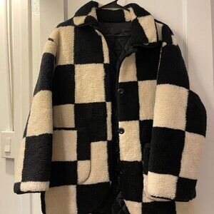 Source Unknown Black & Cream Checkered Faux Shearling Jacket